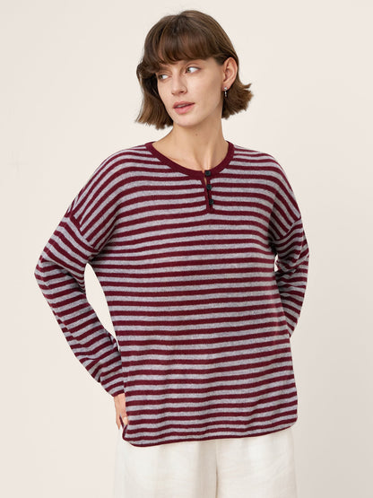 100% Mongolian Cashmere Drop Shoulder Stripe Knit Top RAINA by LINTICO