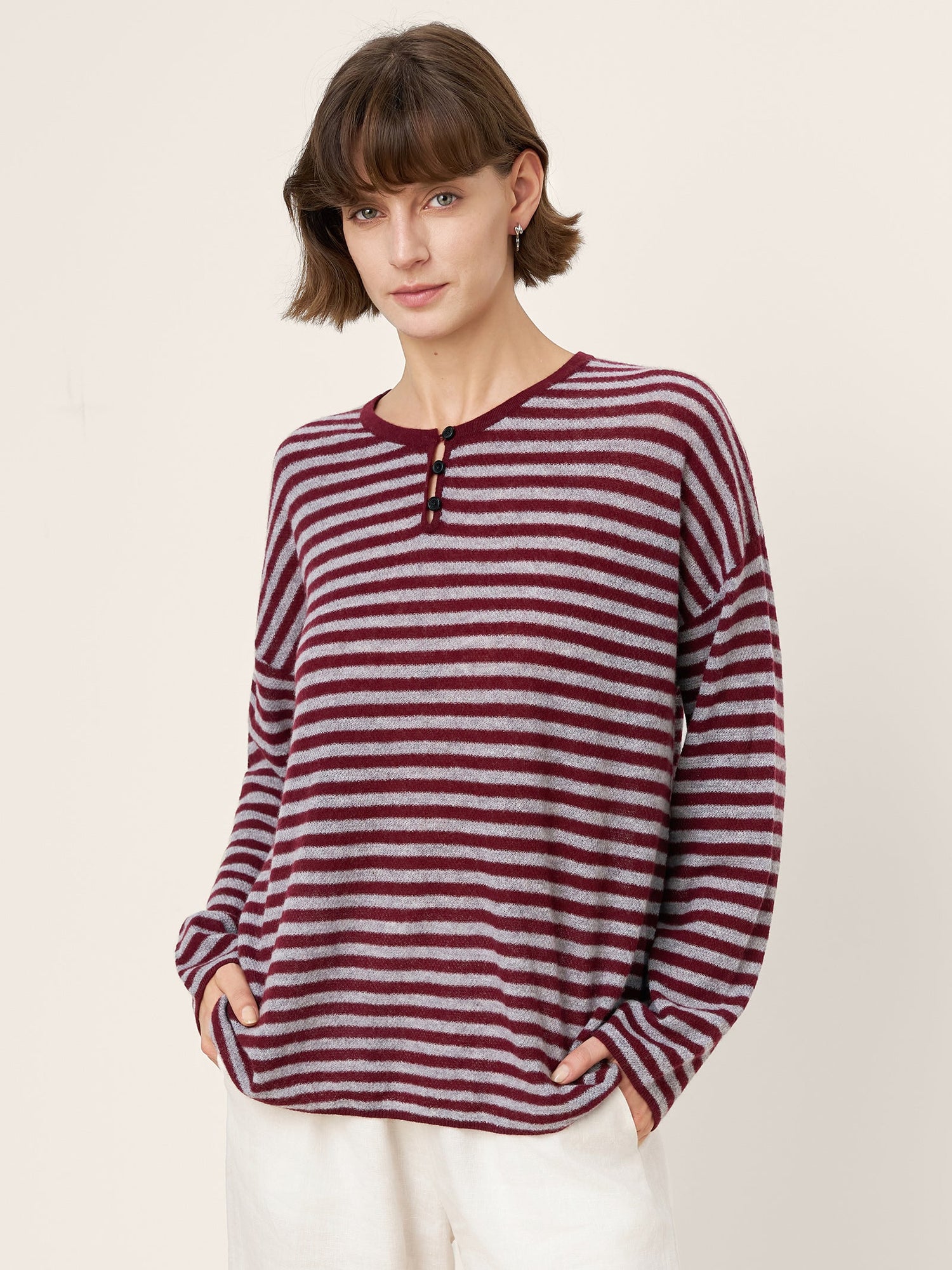 100% Mongolian Cashmere Drop Shoulder Stripe Knit Top RAINA by LINTICO