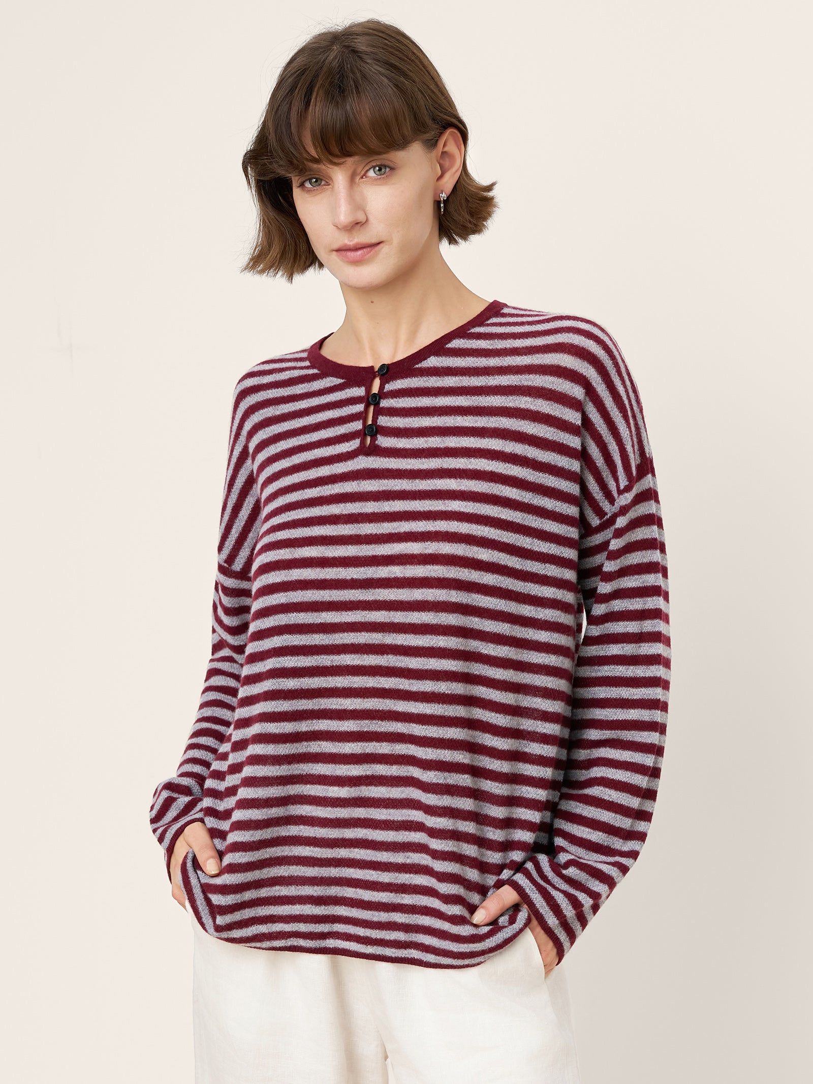 100% Mongolian Cashmere Drop Shoulder Stripe Knit Top RAINA by LINTICO