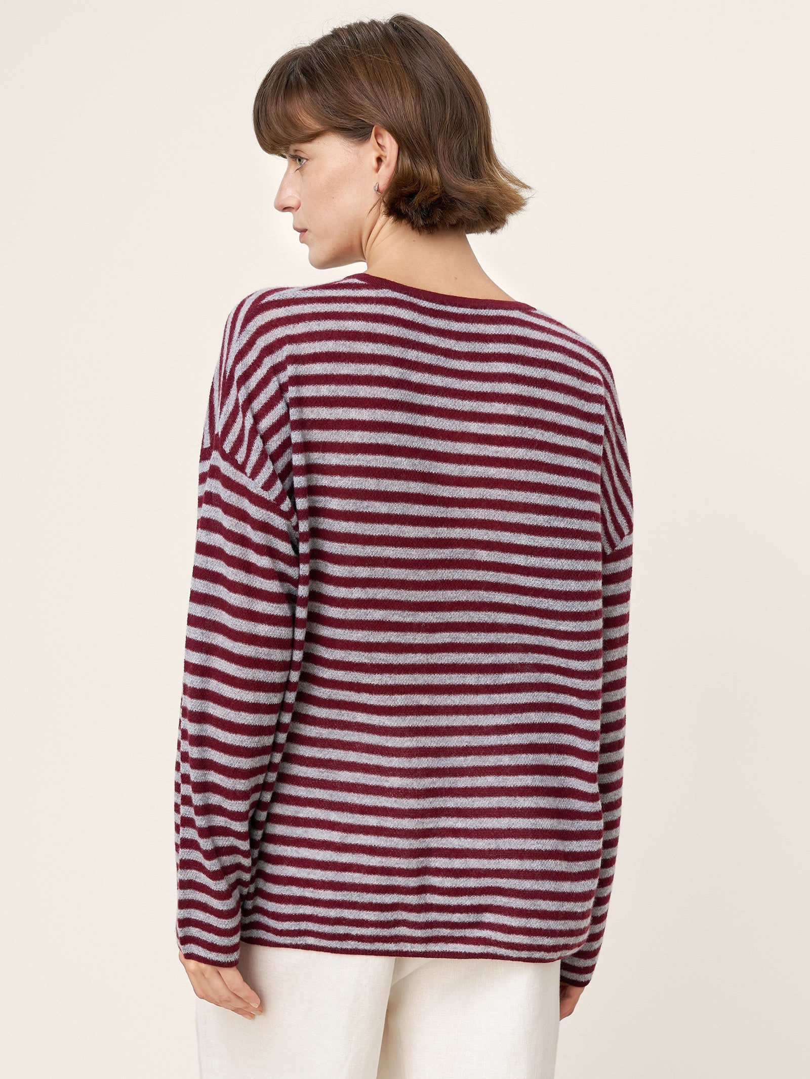 100% Mongolian Cashmere Drop Shoulder Stripe Knit Top RAINA by LINTICO