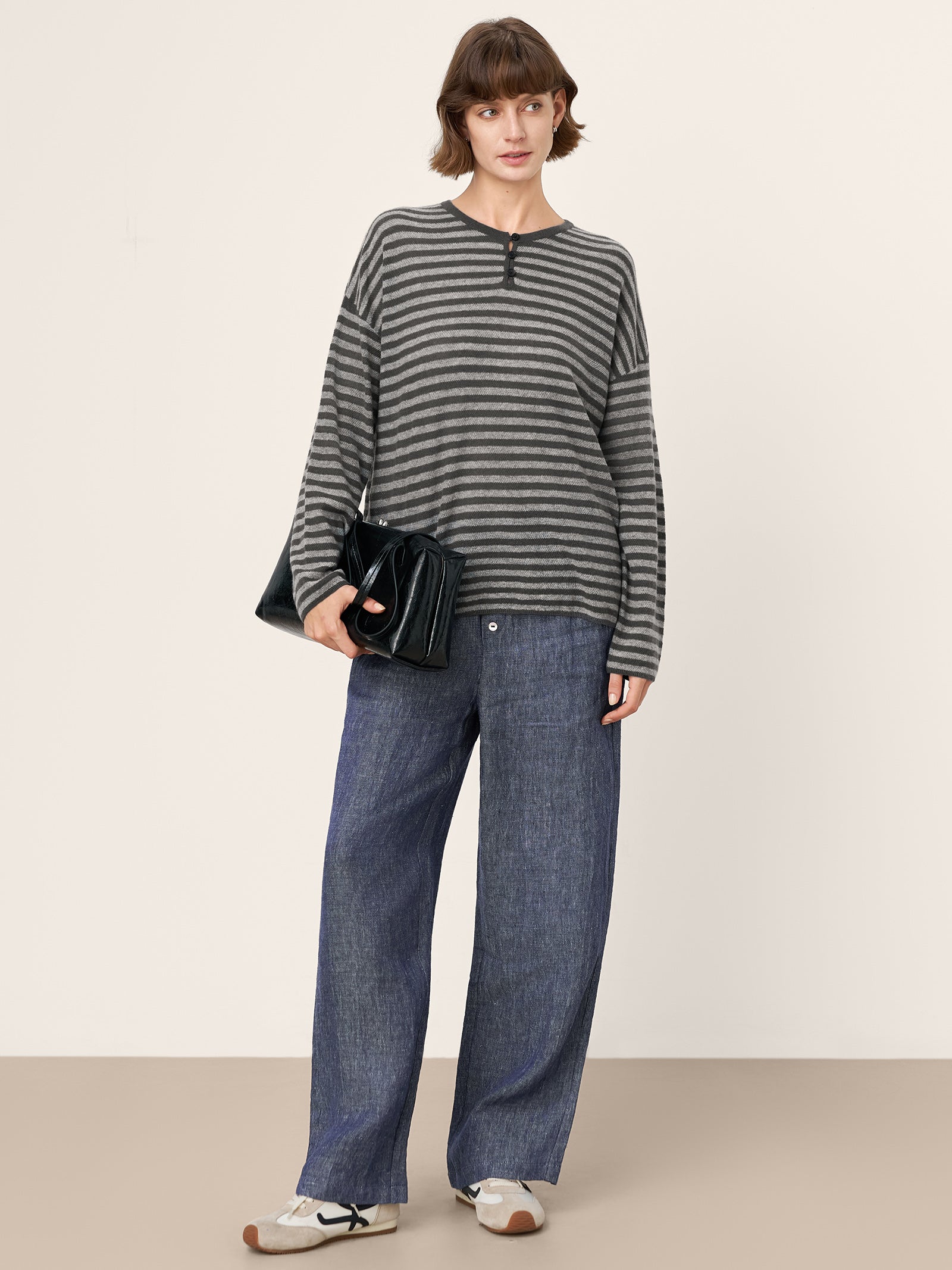 100% Mongolian Cashmere Drop Shoulder Stripe Knit Top RAINA by LINTICO
