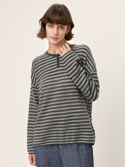 100% Mongolian Cashmere Drop Shoulder Stripe Knit Top RAINA by LINTICO