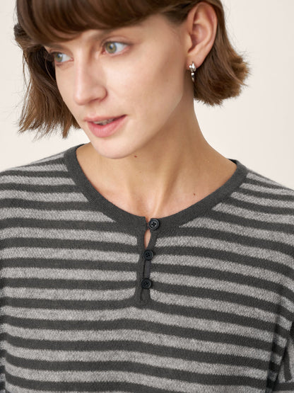 100% Mongolian Cashmere Drop Shoulder Stripe Knit Top RAINA by LINTICO