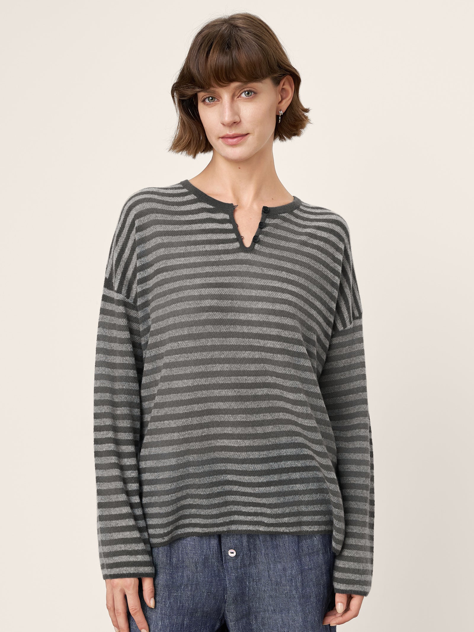 100% Mongolian Cashmere Drop Shoulder Stripe Knit Top RAINA by LINTICO