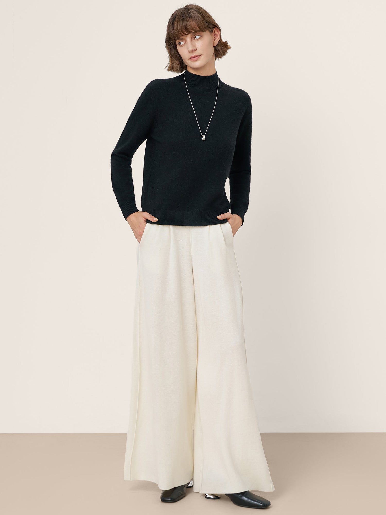 Premium Cashmere Blend Hand-Finished Seamless Mock Neck Ribbed Sweater RHEA by LINTICO