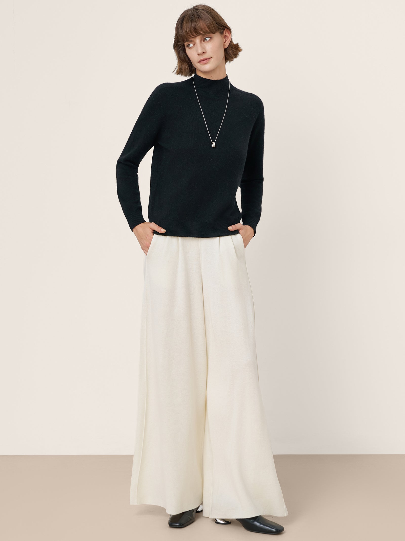 Premium Cashmere Blend Hand-Finished Seamless Mock Neck Ribbed Sweater RHEA by LINTICO