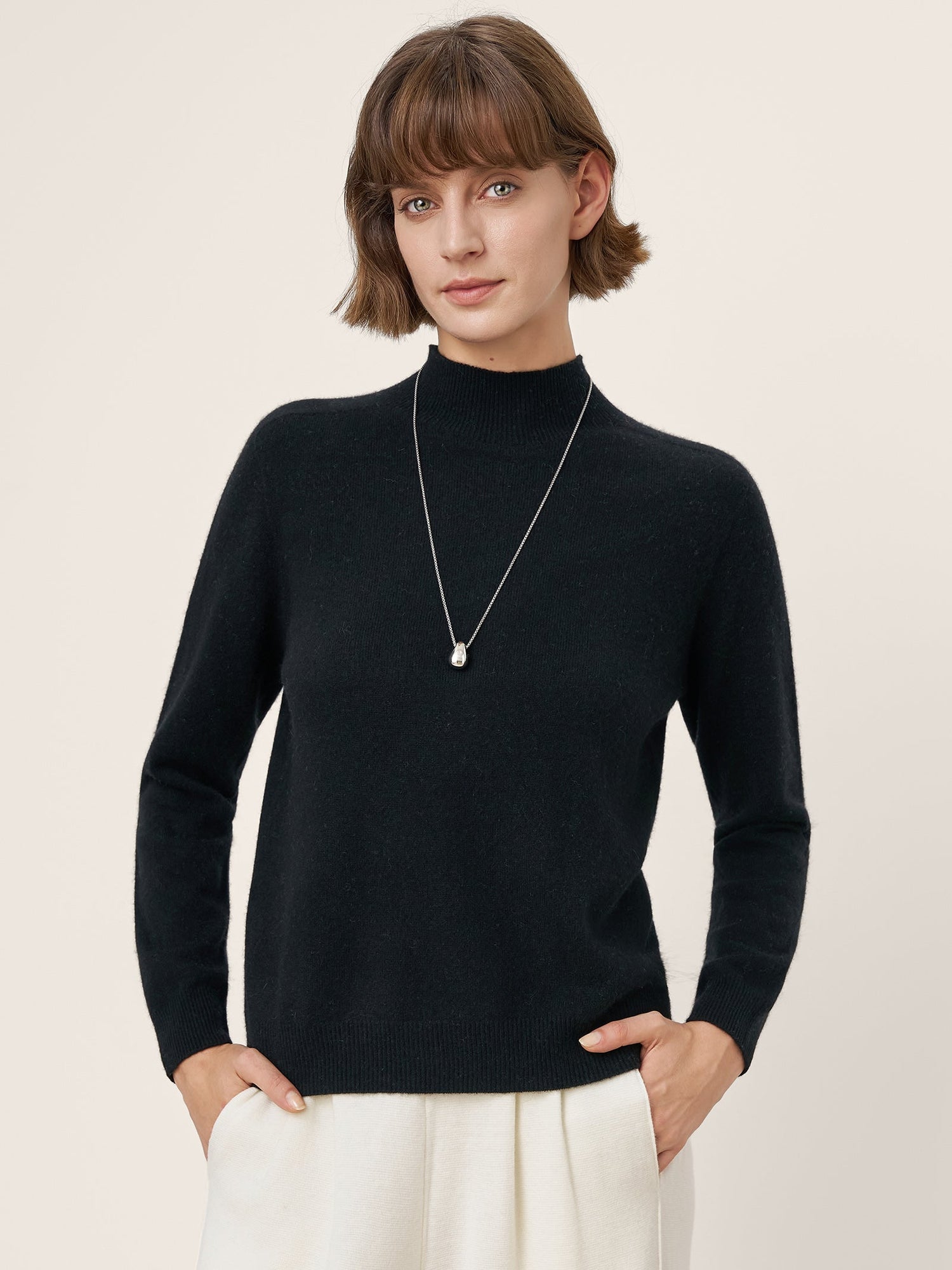 Premium Cashmere Blend Hand-Finished Seamless Mock Neck Ribbed Sweater RHEA by LINTICO