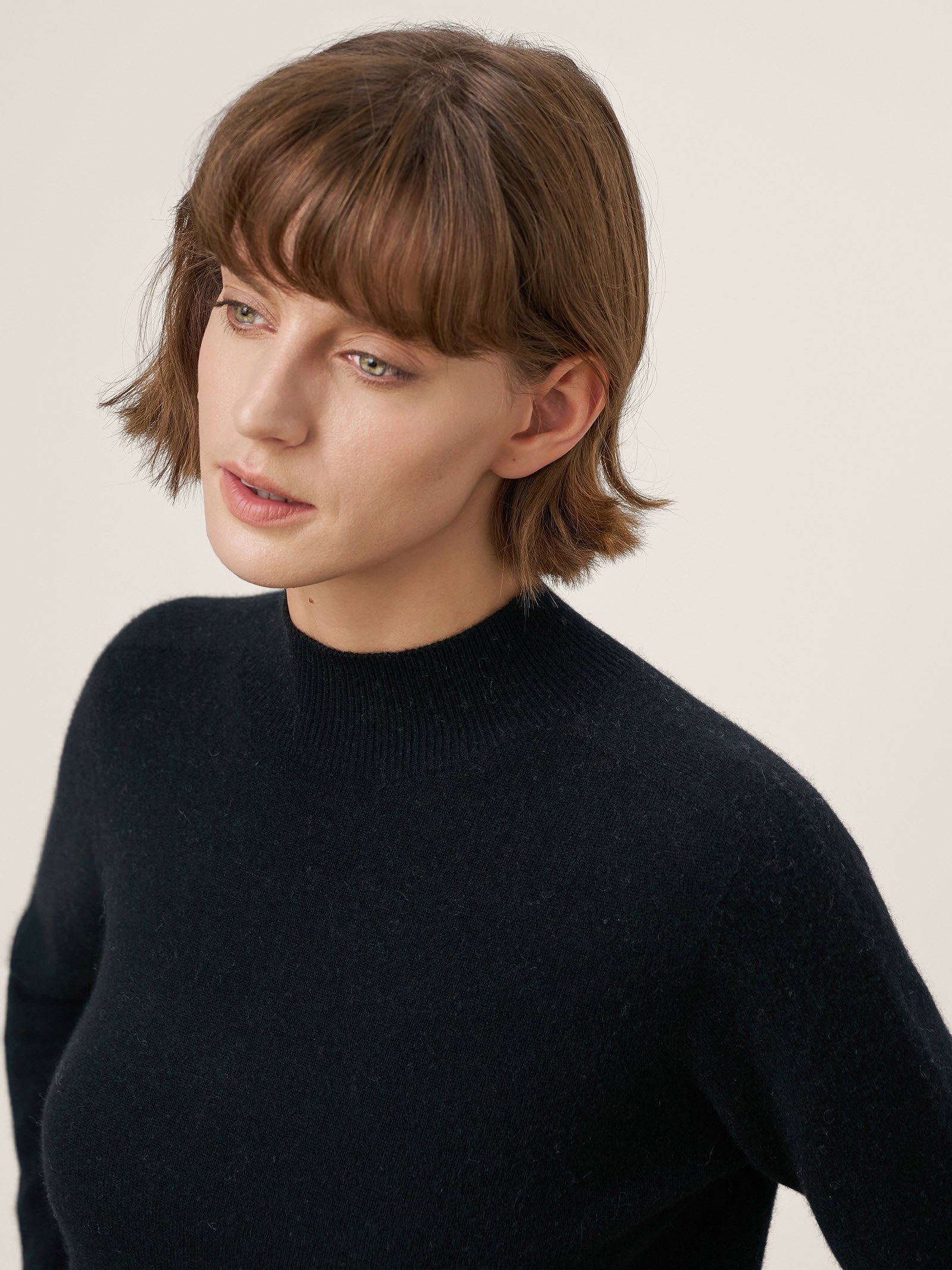 Premium Cashmere Blend Hand-Finished Seamless Mock Neck Ribbed Sweater RHEA by LINTICO