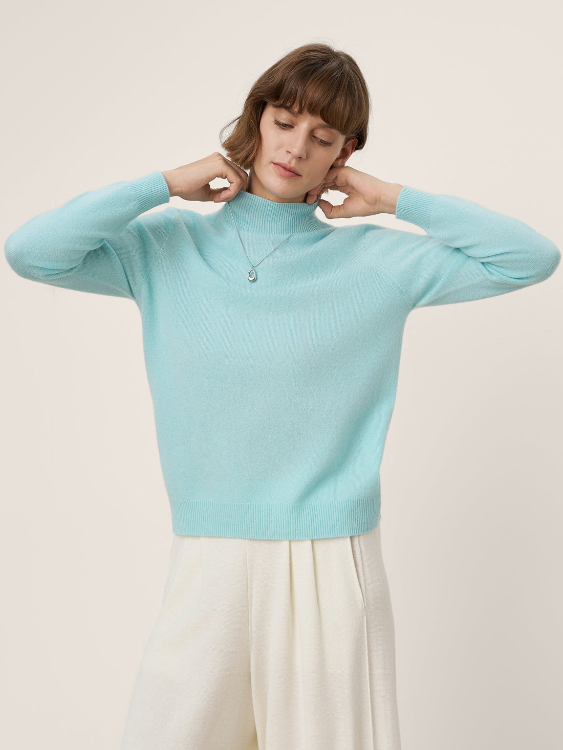 Premium Cashmere Blend Hand-Finished Seamless Mock Neck Ribbed Sweater RHEA by LINTICO