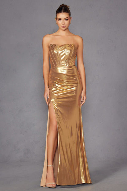 Juliet JT2500A Strapless Fitted Metallic Formal Gown by DiscountDressShop