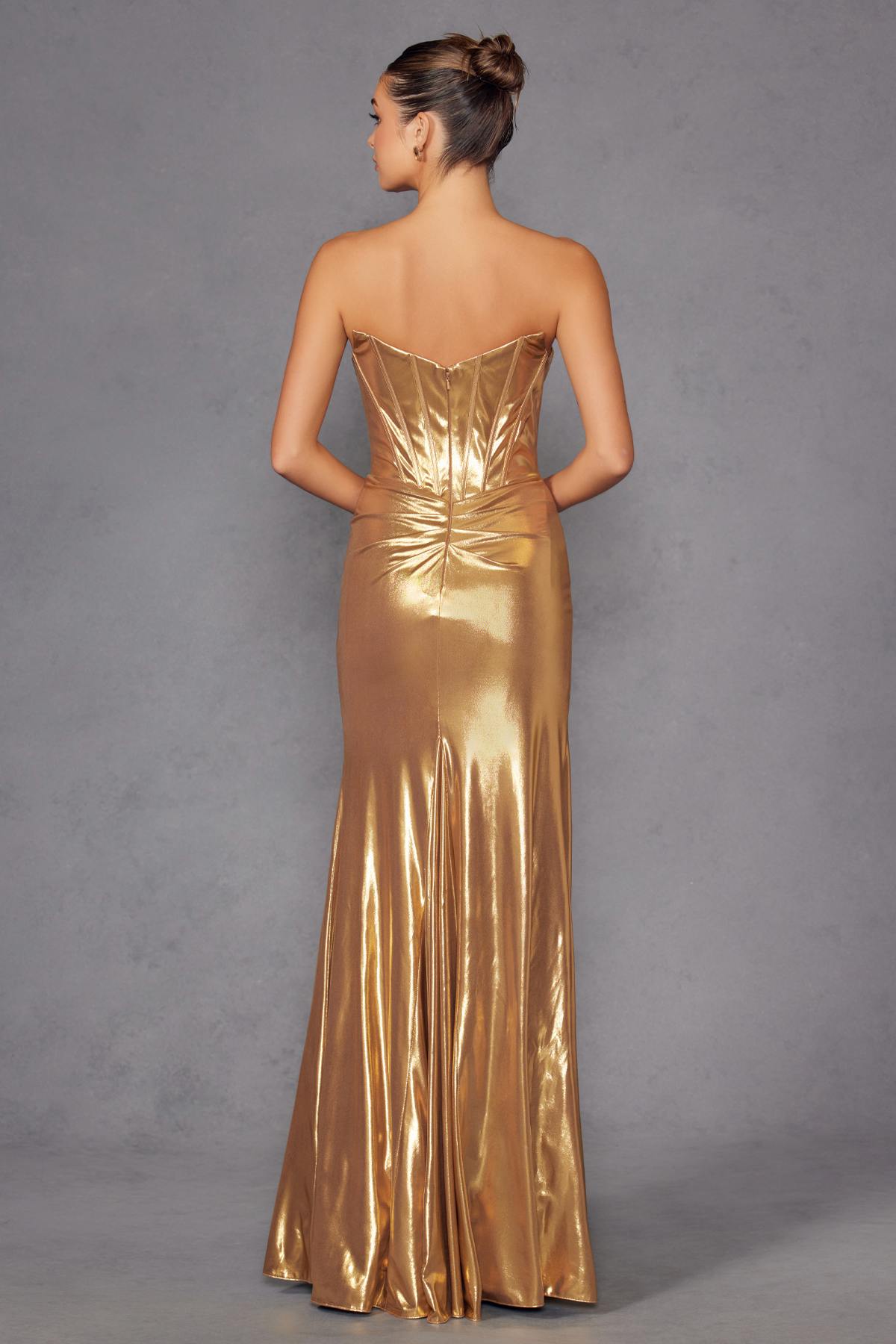 Juliet JT2500A Strapless Fitted Metallic Formal Gown by DiscountDressShop