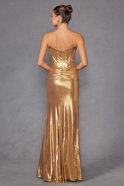 Juliet JT2500A Strapless Fitted Metallic Formal Gown by DiscountDressShop