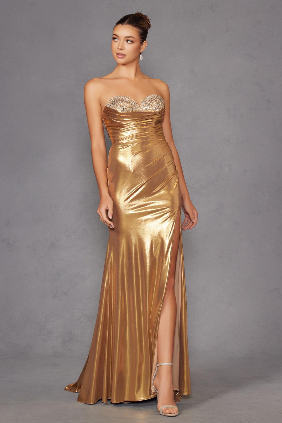 Juliet JT2501A Long Strapless Beaded Sweetheart Fitted Metallic Gown by DiscountDressShop
