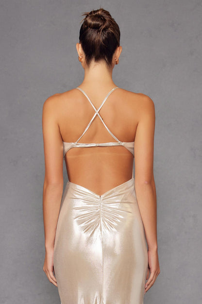 Juliet JT2502A Dress Long Halter Neck Fitted Metallic Gown by DiscountDressShop