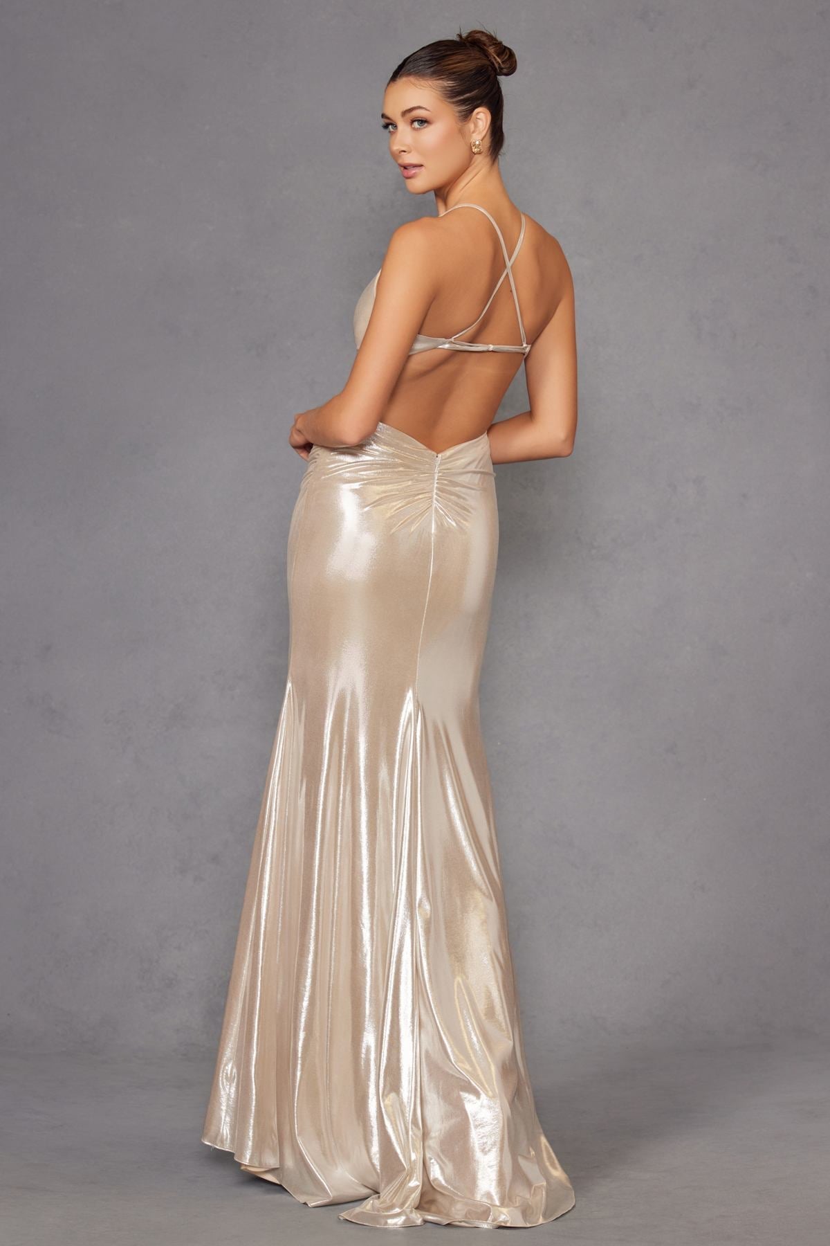 Juliet JT2502A Dress Long Halter Neck Fitted Metallic Gown by DiscountDressShop