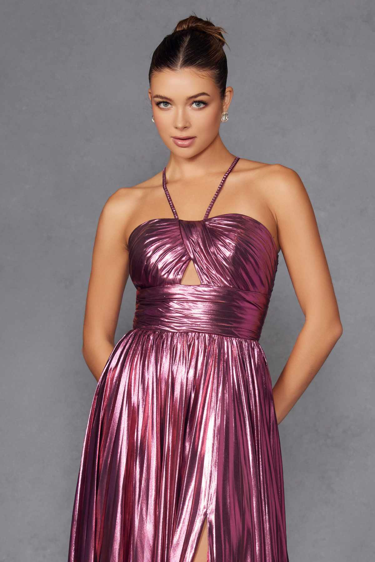 Juliet JT2503A Long Halter A-Line Pleated Metallic Gown by DiscountDressShop