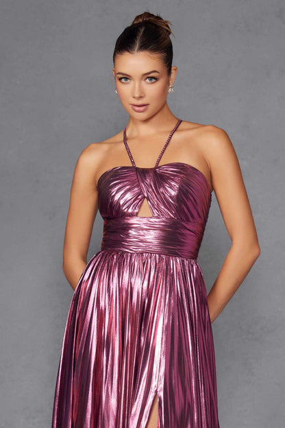 Juliet JT2503A Long Halter A-Line Pleated Metallic Gown by DiscountDressShop