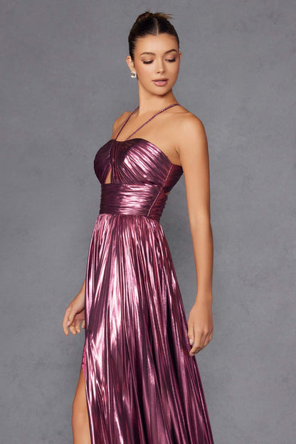 Juliet JT2503A Long Halter A-Line Pleated Metallic Gown by DiscountDressShop