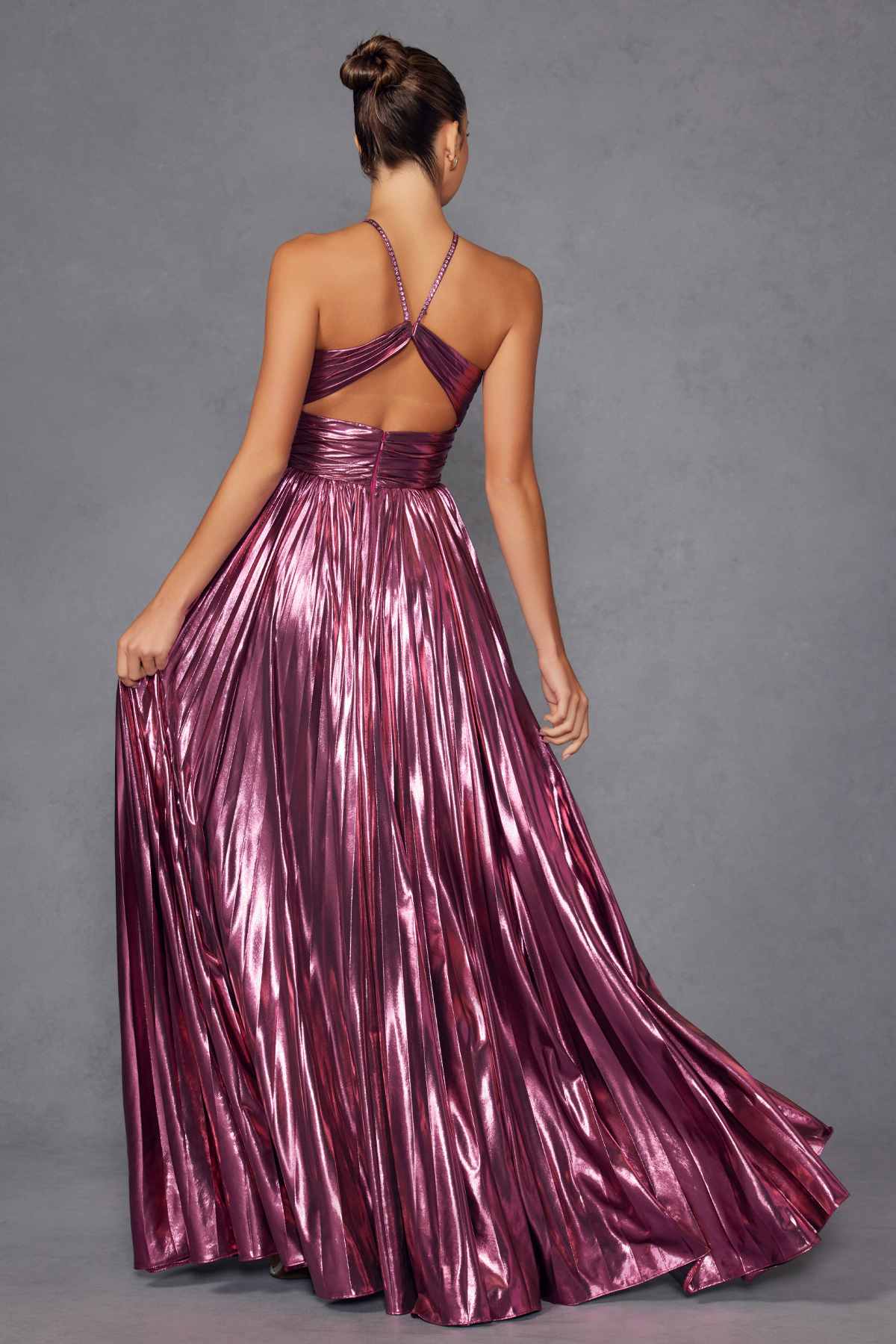 Juliet JT2503A Long Halter A-Line Pleated Metallic Gown by DiscountDressShop