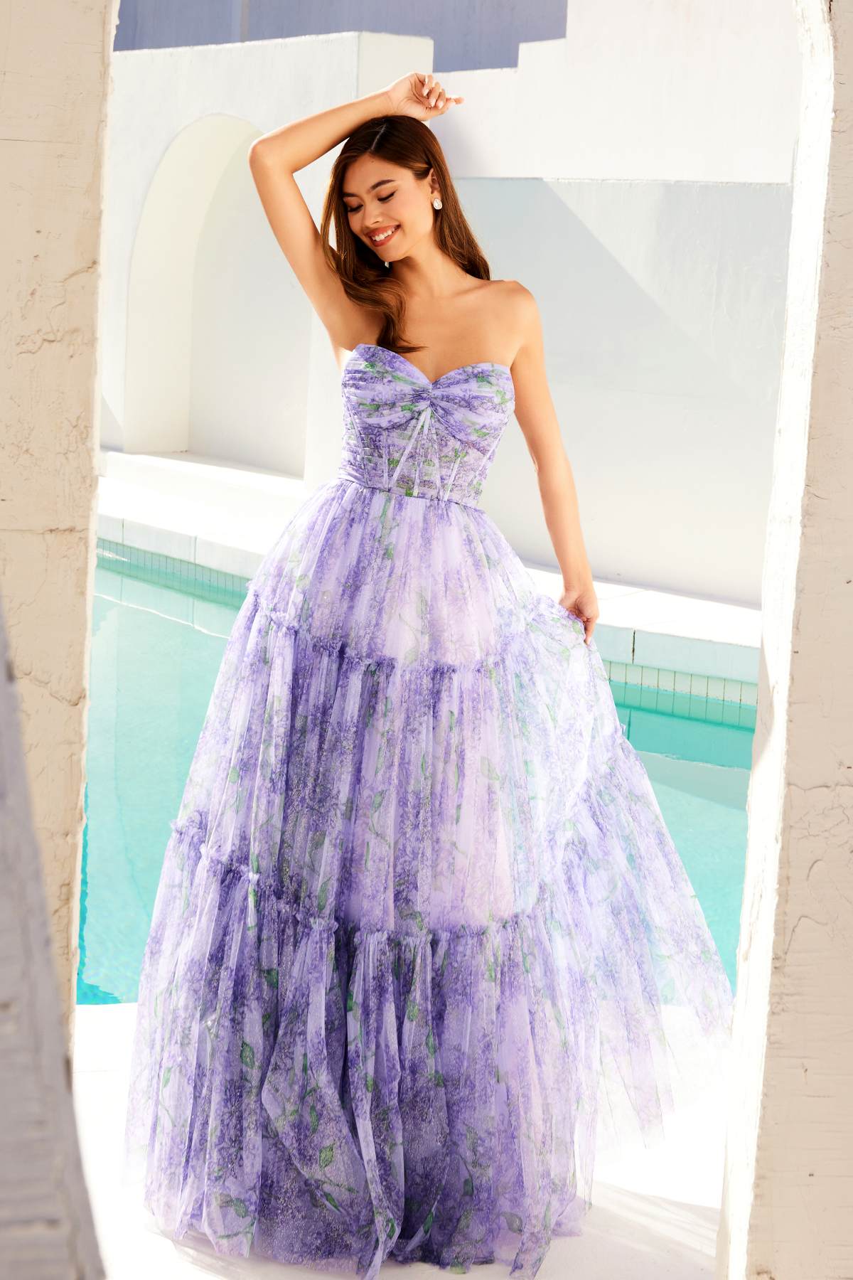 Juliet JT2507A Long Strapless Sweetheart Print Tiered Skirt Gown by DiscountDressShop
