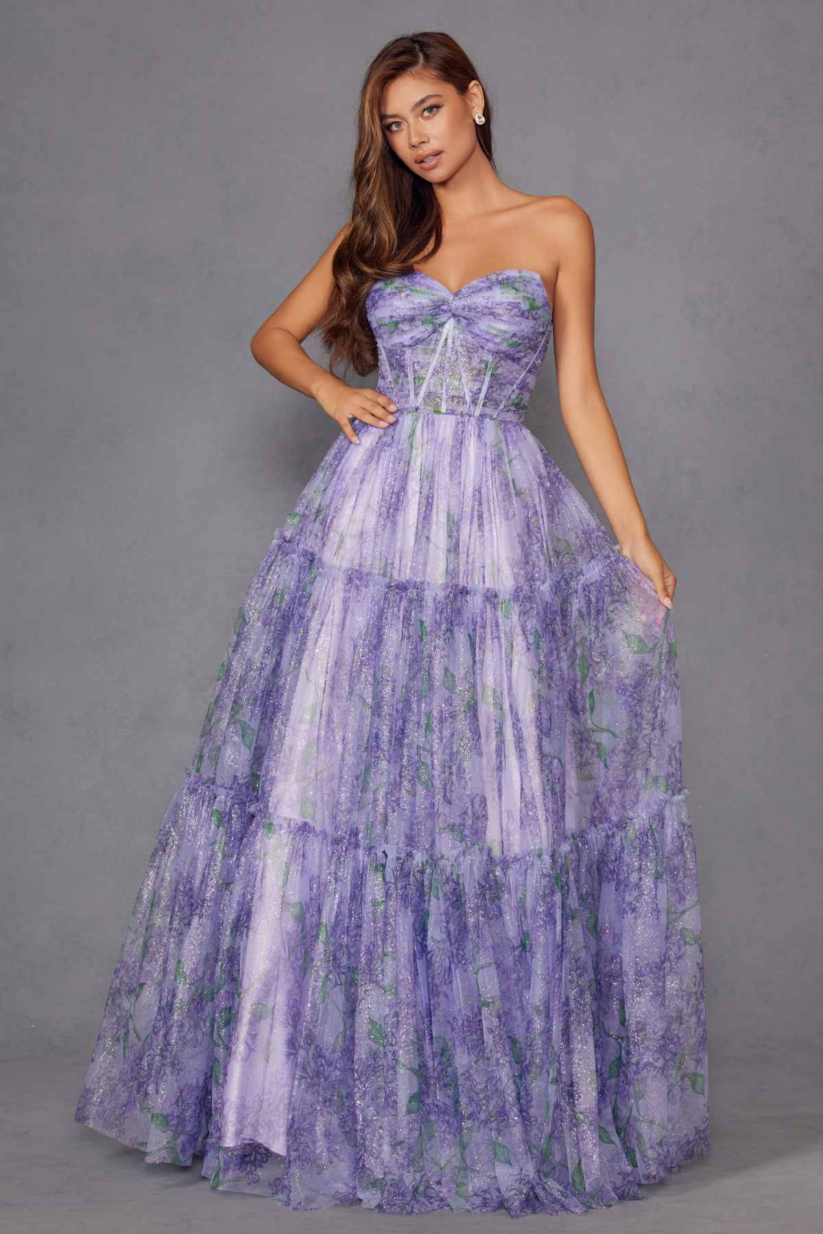 Juliet JT2507A Long Strapless Sweetheart Print Tiered Skirt Gown by DiscountDressShop