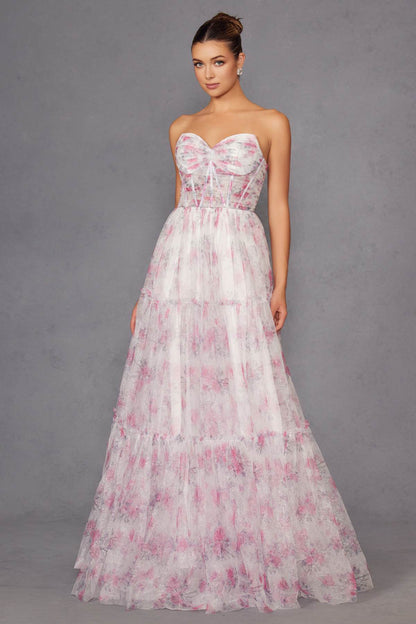 Juliet JT2507A Long Strapless Sweetheart Print Tiered Skirt Gown by DiscountDressShop