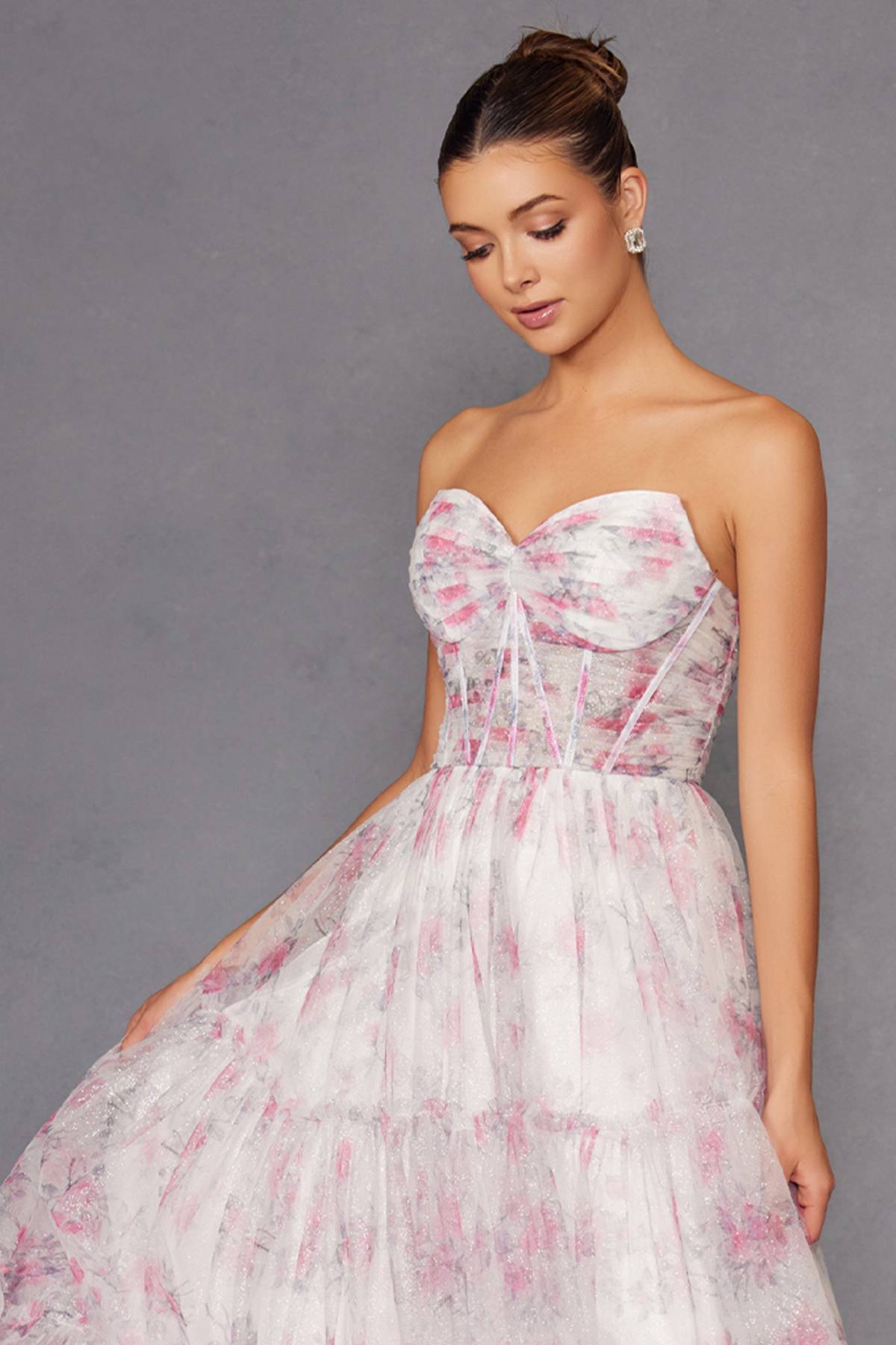 Juliet JT2507A Long Strapless Sweetheart Print Tiered Skirt Gown by DiscountDressShop