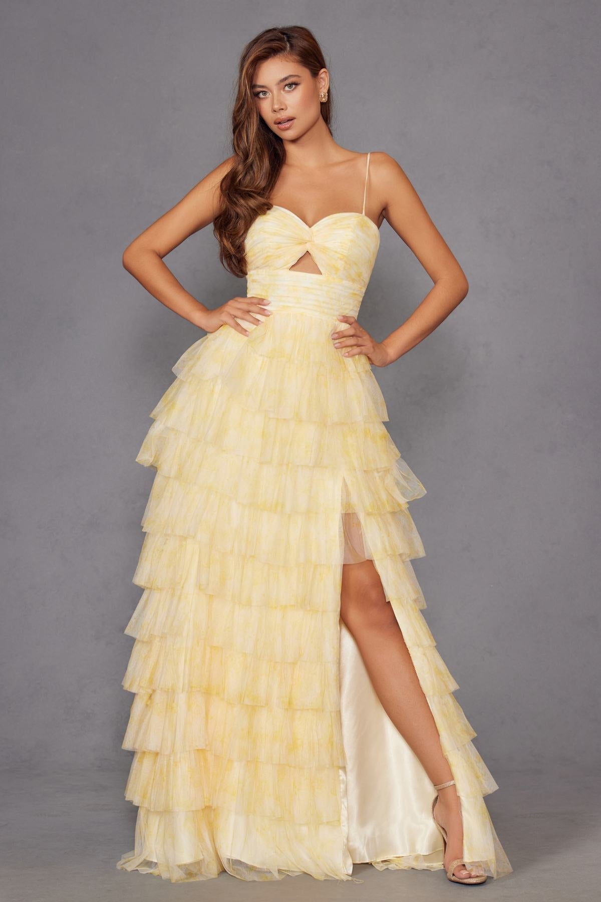 Juliet JT2508A Sweetheart Keyhole Neckline Ruffled Tier Skirt Gown by DiscountDressShop