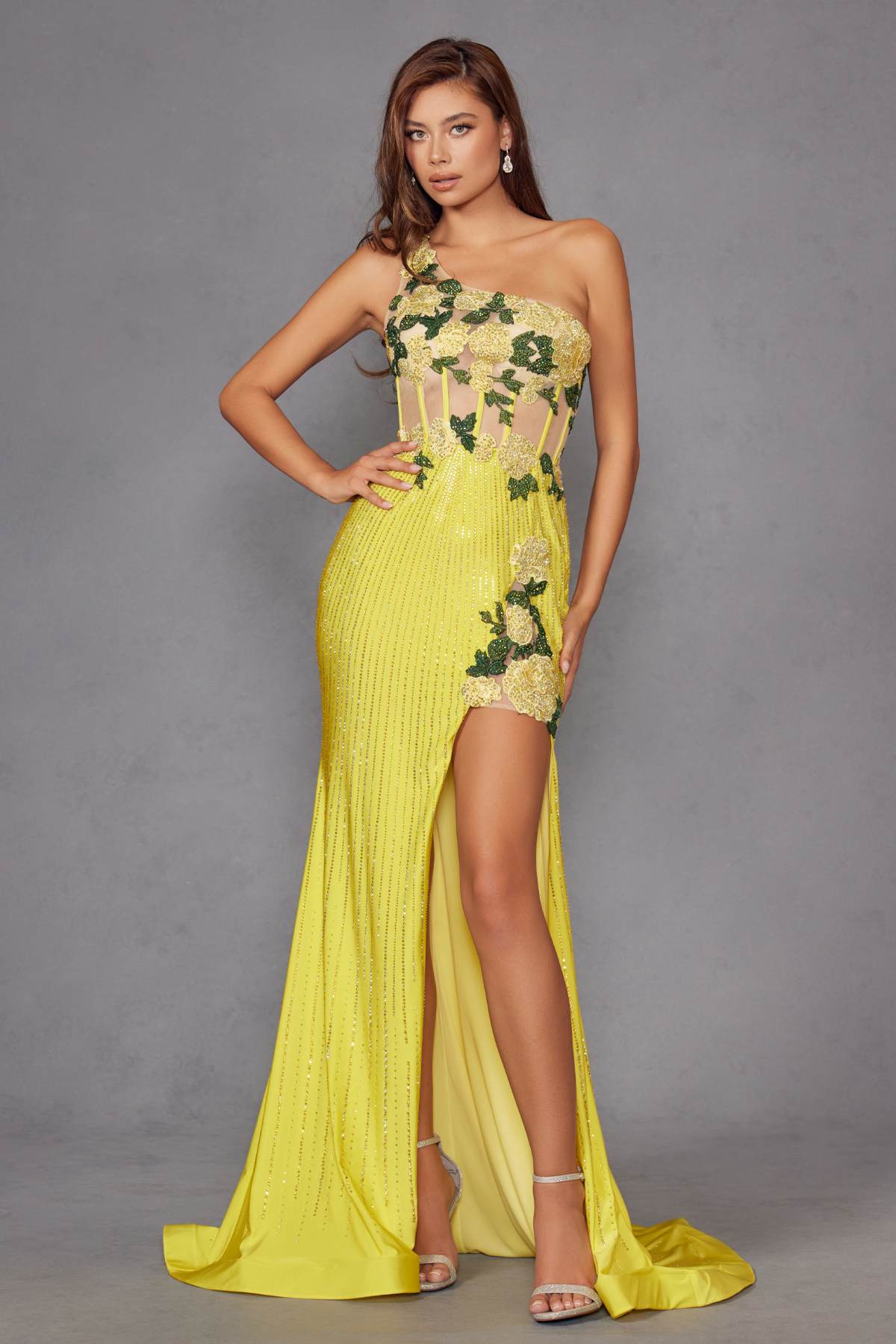 Juliet JT2514R One Shoulder Fitted Floral Applique Evening Gown by DiscountDressShop
