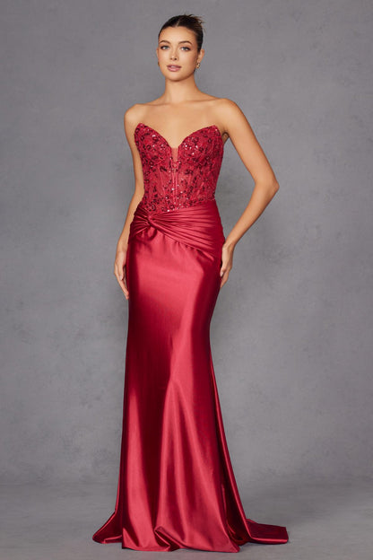 Juliet JT2534K Strapless Sweetheart Boned Corset Satin Prom Gown by DiscountDressShop