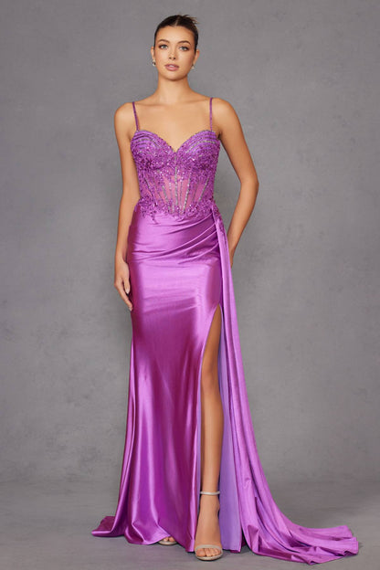 Juliet JT2535K Long Fitted Boned Corset Sweetheart Neck Side Slit Gown by DiscountDressShop