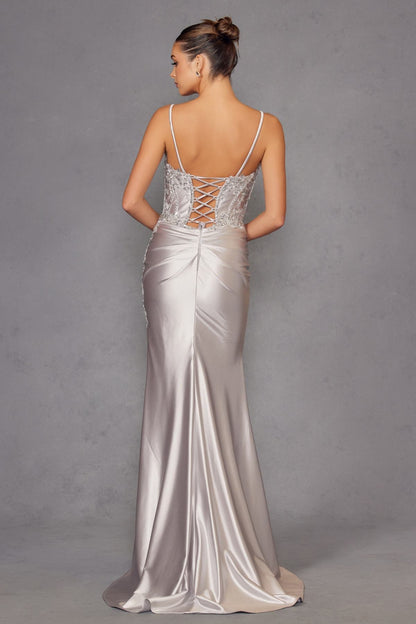 Juliet JT2536K Strapless Sweetheart Corset Back Fitted Satin Prom Gown by DiscountDressShop