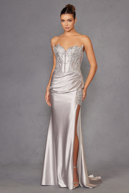 Juliet JT2536K Strapless Sweetheart Corset Back Fitted Satin Prom Gown by DiscountDressShop