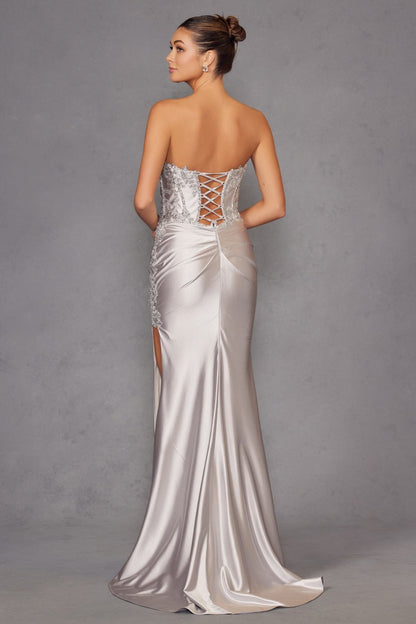 Juliet JT2536K Strapless Sweetheart Corset Back Fitted Satin Prom Gown by DiscountDressShop