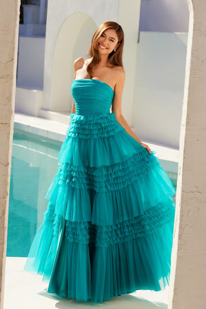 Juliet JT2542S Long Strapless Layered Tulle A-Line Gown by DiscountDressShop