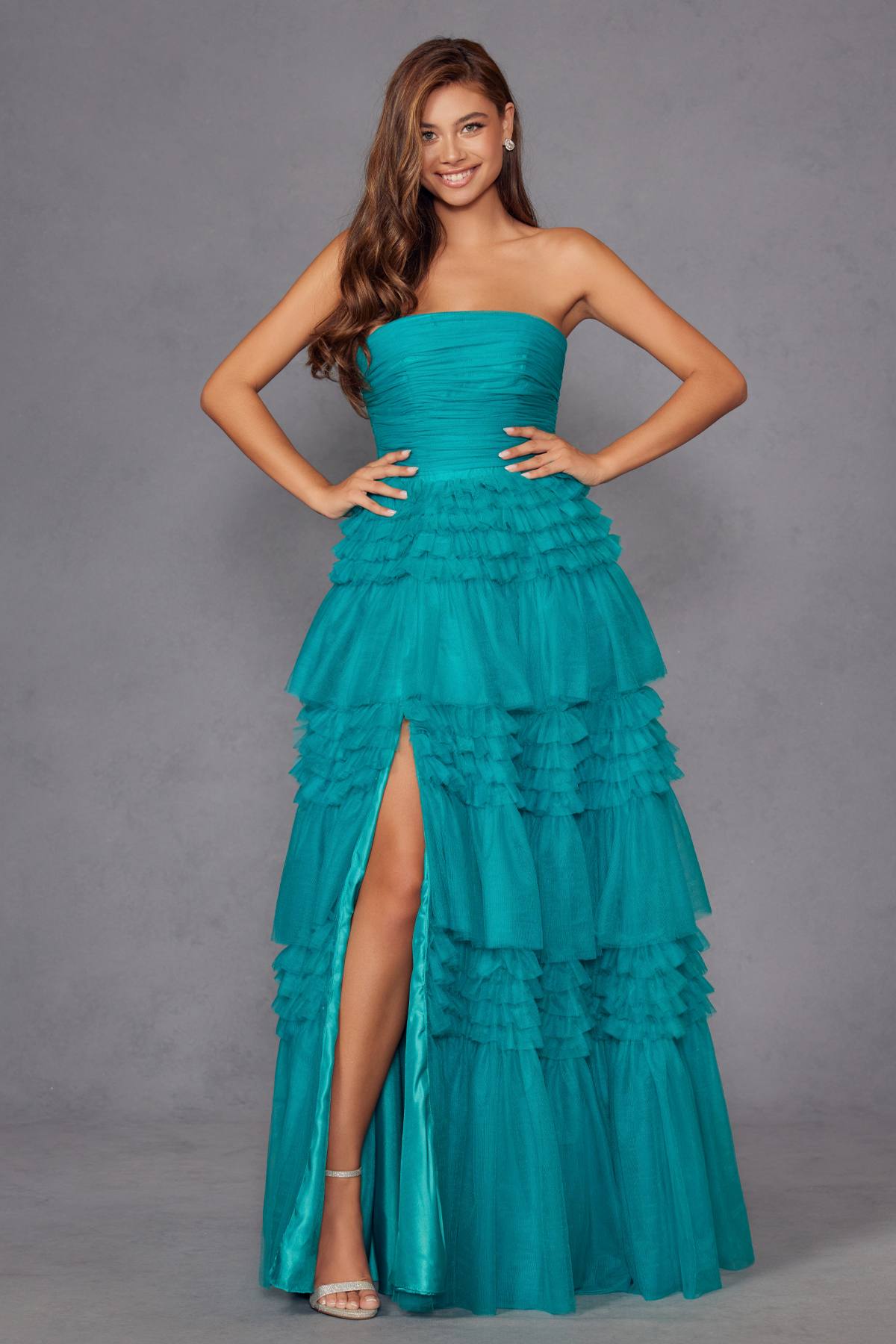 Juliet JT2542S Long Strapless Layered Tulle A-Line Gown by DiscountDressShop