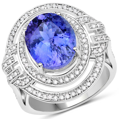 14K White Gold 6.83 Carat Genuine Tanzanite and White Diamond Ring by Bids.com