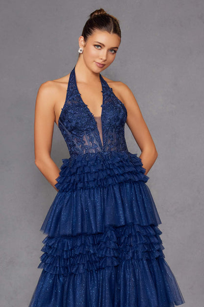 Juliet JT2556S Halter V-Neckline Layered Tulle Slit A-Line Gown by DiscountDressShop