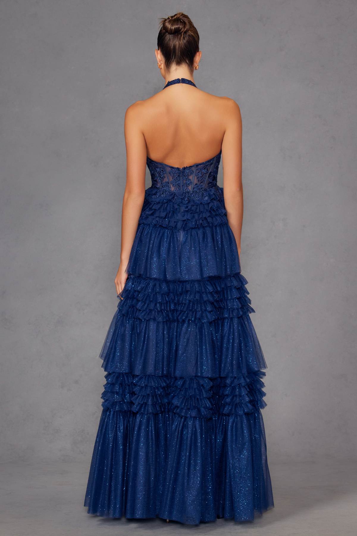 Juliet JT2556S Halter V-Neckline Layered Tulle Slit A-Line Gown by DiscountDressShop