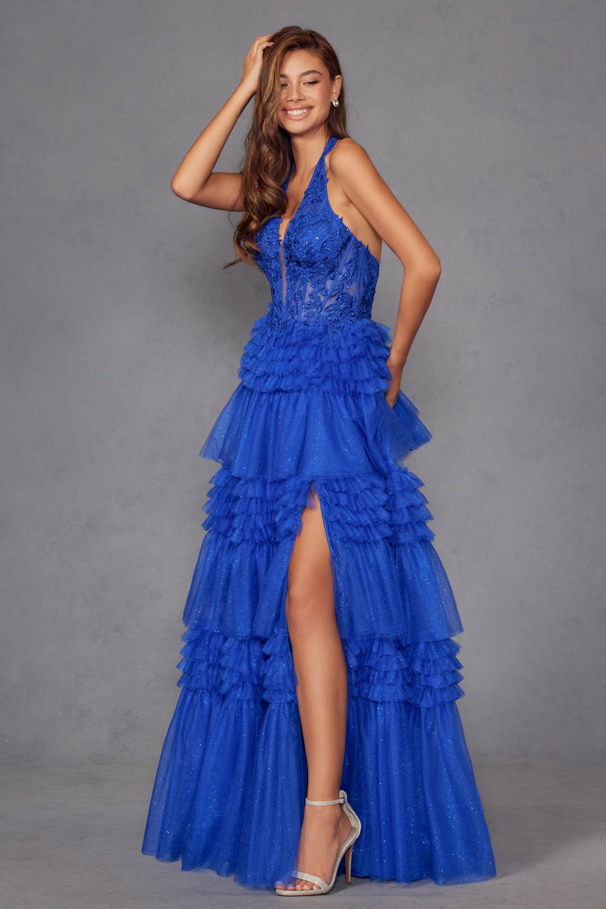Juliet JT2556S Halter V-Neckline Layered Tulle Slit A-Line Gown by DiscountDressShop