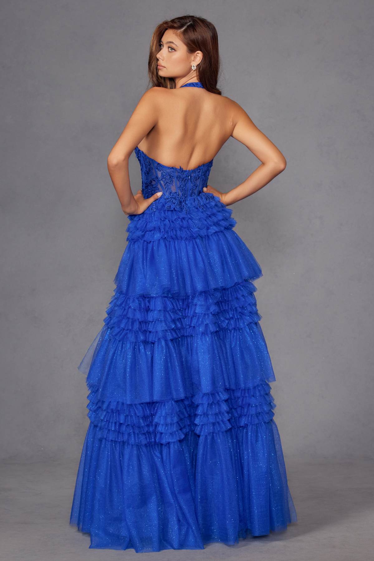 Juliet JT2556S Halter V-Neckline Layered Tulle Slit A-Line Gown by DiscountDressShop