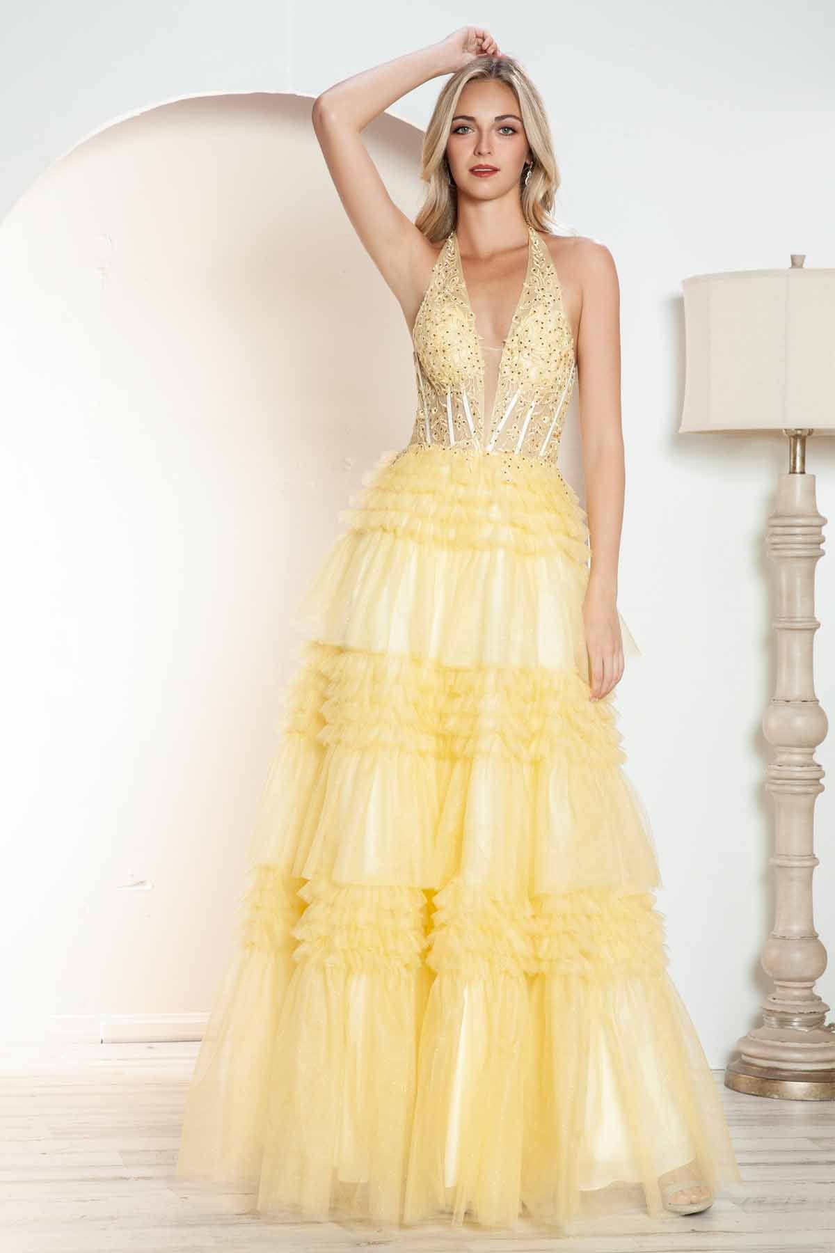 Juliet JT2556S Halter V-Neckline Layered Tulle Slit A-Line Gown by DiscountDressShop