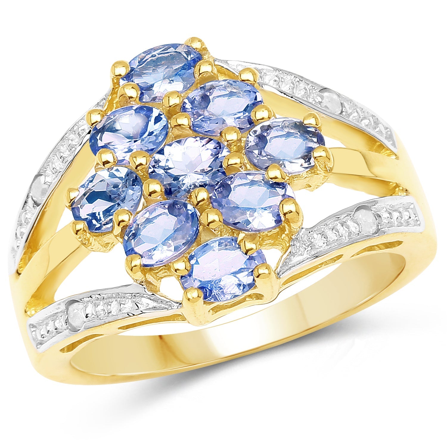 14K Yellow Gold Plated 1.59 Carat Genuine Tanzanite and White Topaz .925 Sterling Silver Ring by Bids.com