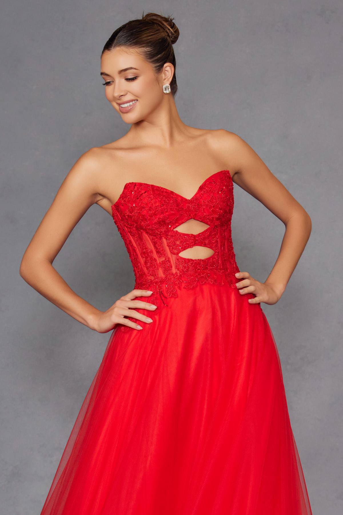 Juliet JT2561S Strapless Sweetheart Keyhole Bodice Tulle A-Line Gown by DiscountDressShop