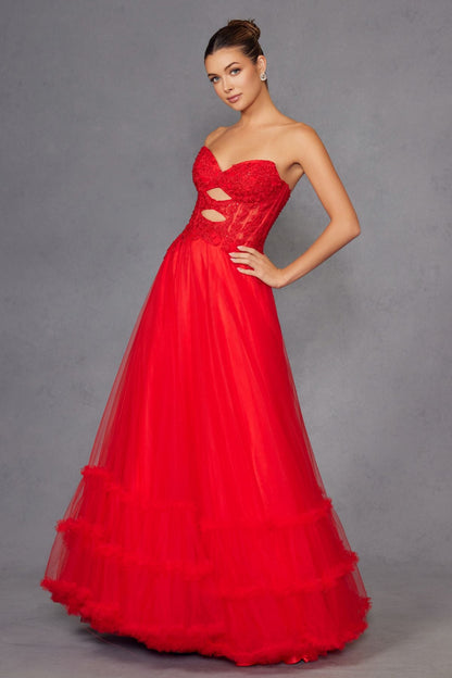 Juliet JT2561S Strapless Sweetheart Keyhole Bodice Tulle A-Line Gown by DiscountDressShop