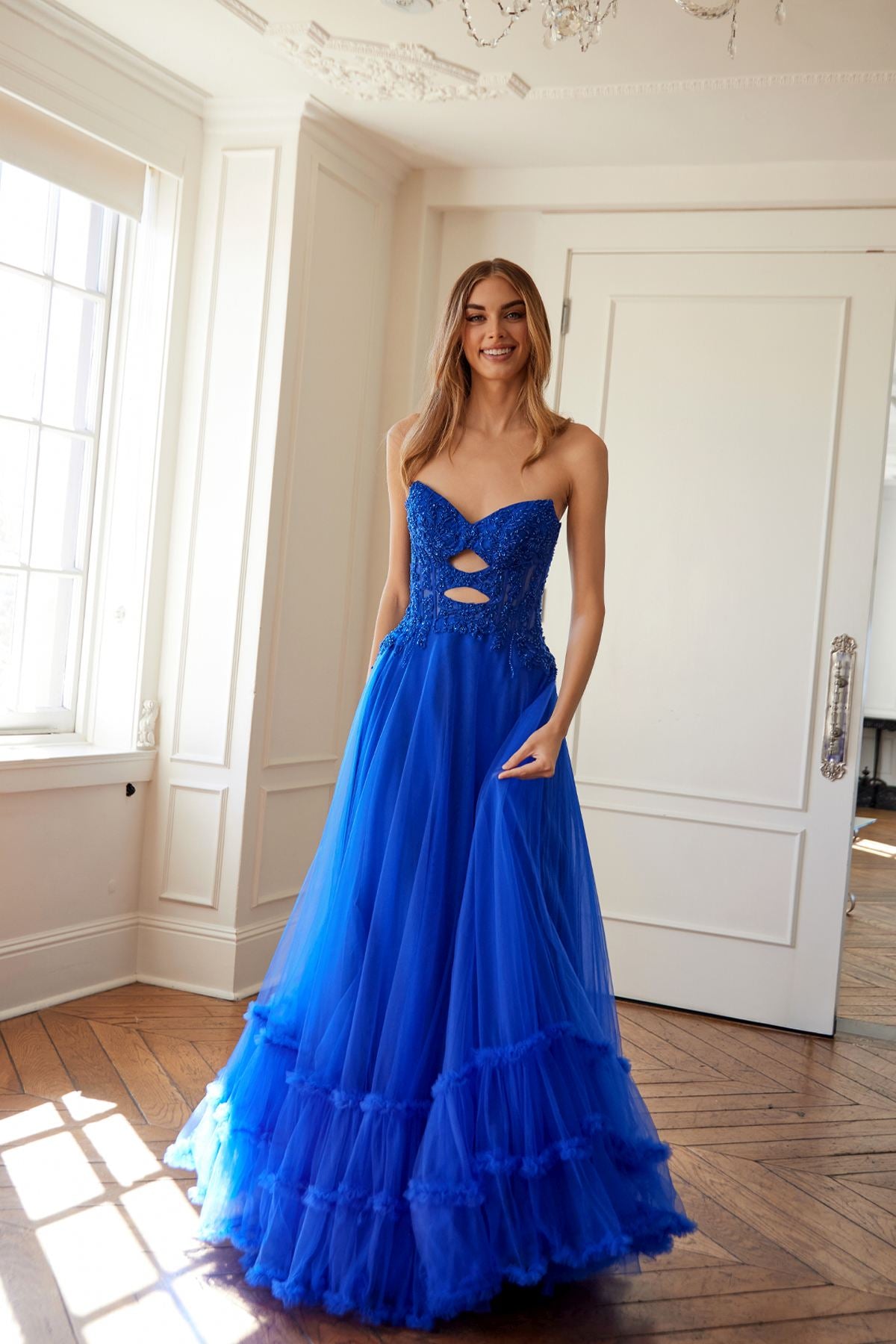 Juliet JT2561S Strapless Sweetheart Keyhole Bodice Tulle A-Line Gown by DiscountDressShop