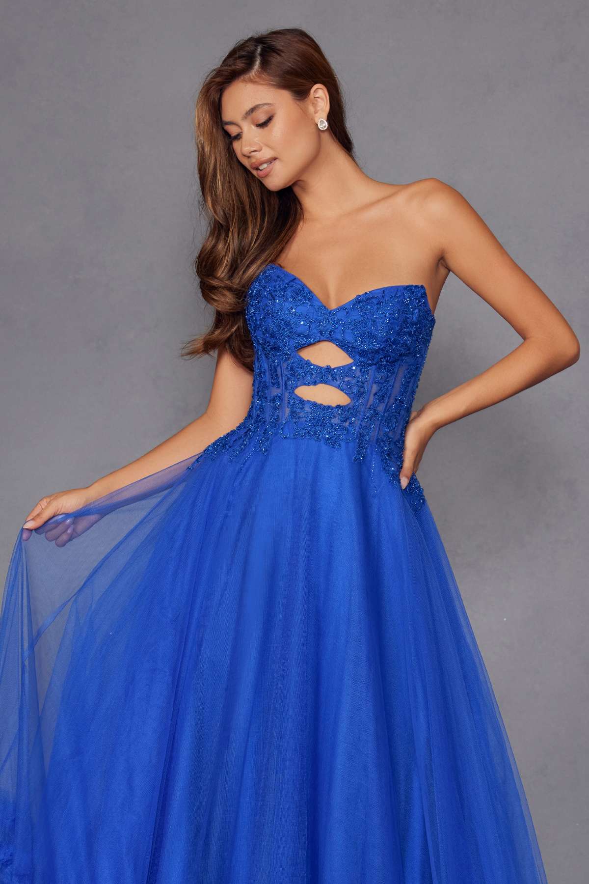 Juliet JT2561S Strapless Sweetheart Keyhole Bodice Tulle A-Line Gown by DiscountDressShop