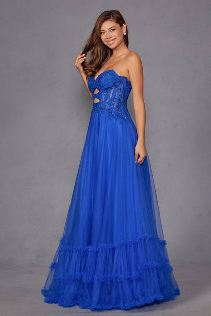 Juliet JT2561S Strapless Sweetheart Keyhole Bodice Tulle A-Line Gown by DiscountDressShop