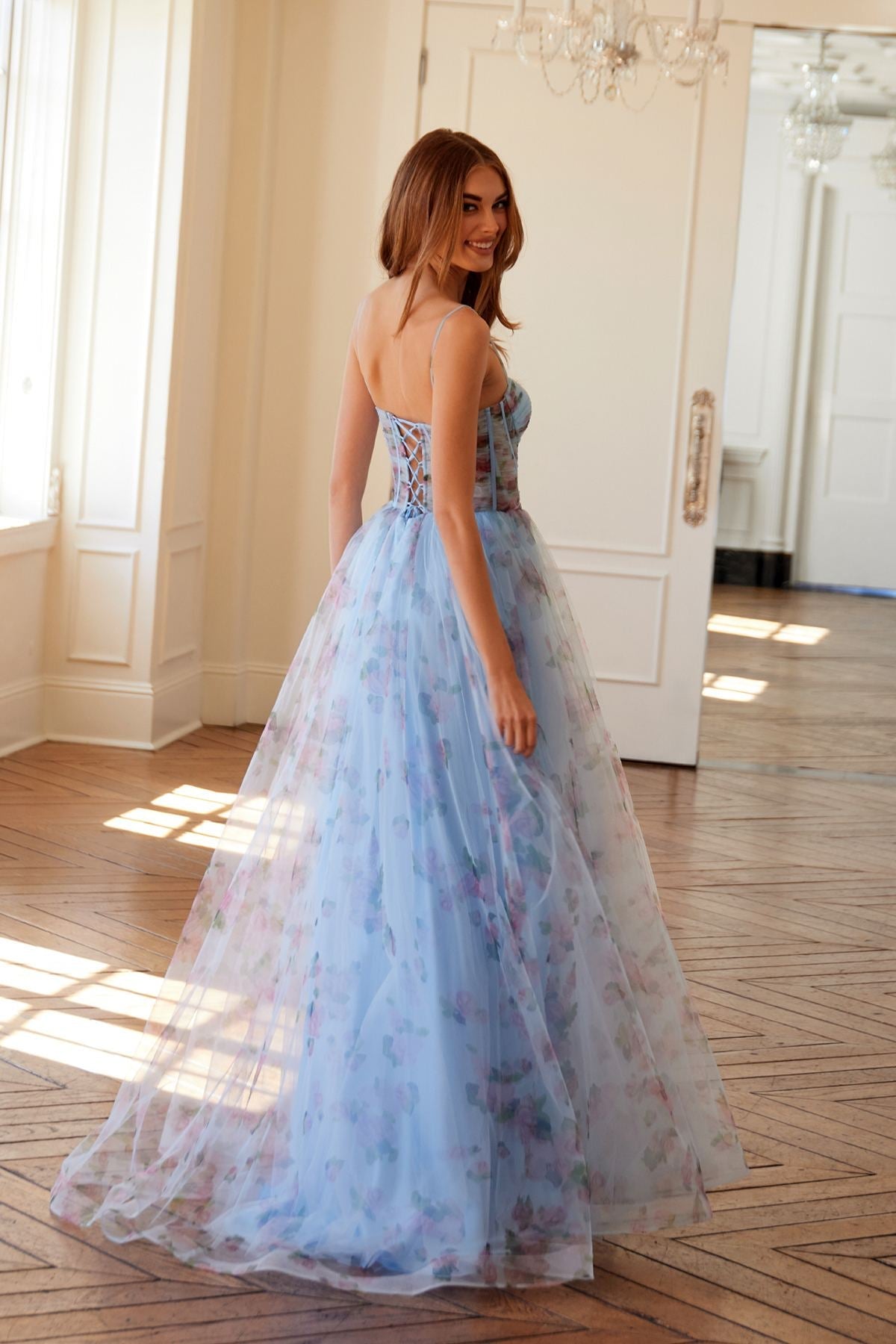 Juliet JT2562S Floral Print Strapless A-Line Tulle Gown by DiscountDressShop