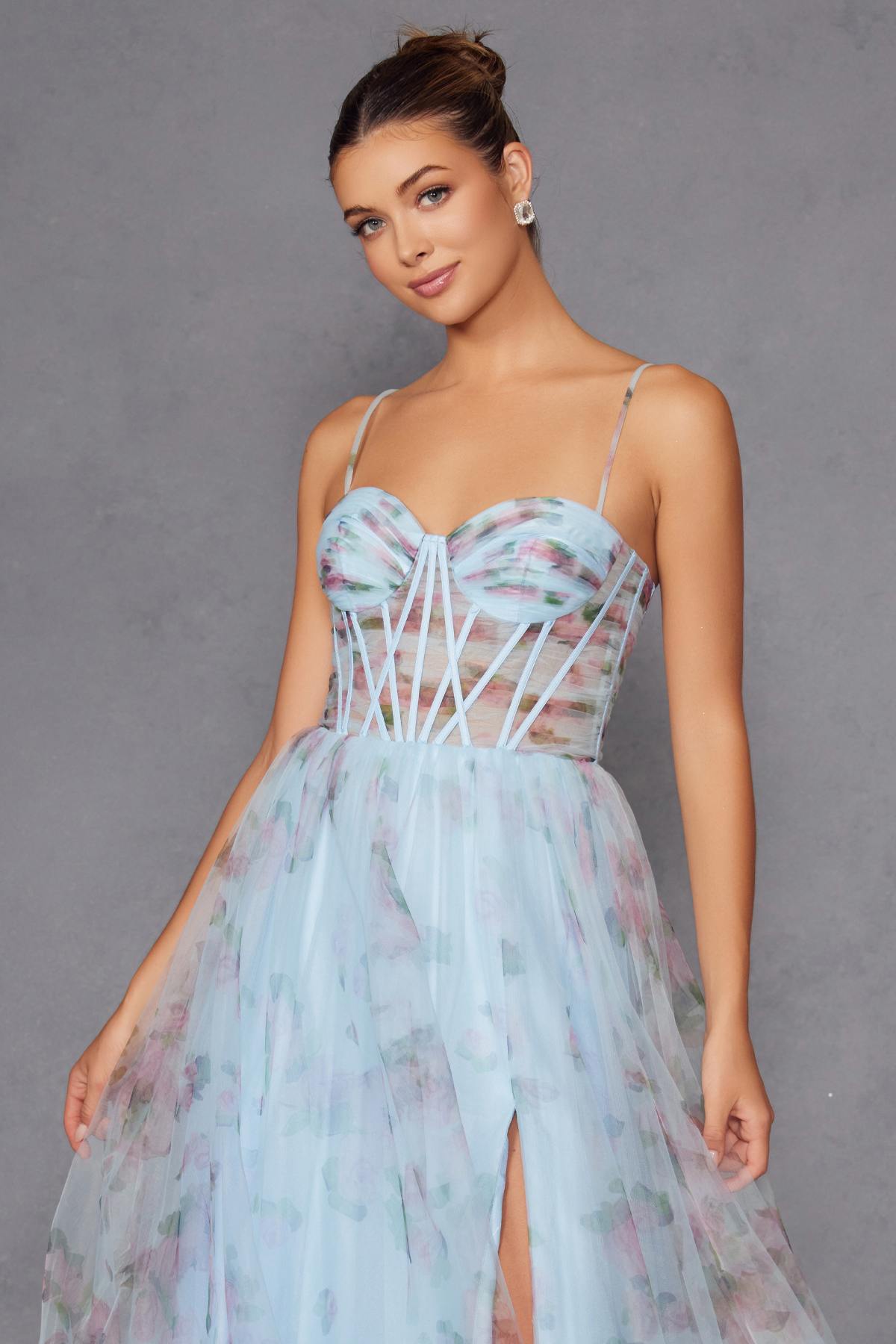 Juliet JT2562S Floral Print Strapless A-Line Tulle Gown by DiscountDressShop